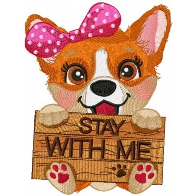 Preview of the 'Corgi Stay With Me' embroidery design featuring an adorable Corgi motif for dog lovers.