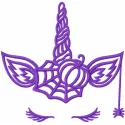 Violet Halloween unicorn embroidery design featuring a whimsical unicorn with festive elements for stitching.