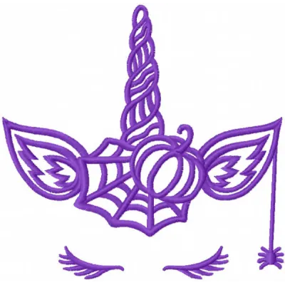 Violet Halloween unicorn embroidery design featuring a whimsical unicorn with festive elements for stitching.