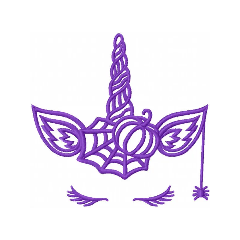 Violet Halloween unicorn embroidery design featuring a whimsical unicorn with festive elements for stitching.