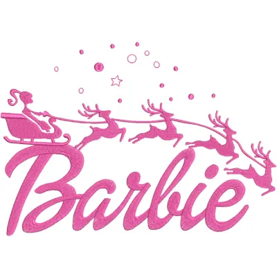 Barbie Santa sleigh embroidery design featuring a festive and whimsical scene, ideal for holiday projects.