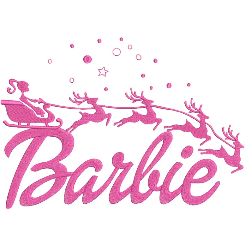 Barbie Santa sleigh embroidery design featuring a festive and whimsical scene, ideal for holiday projects.