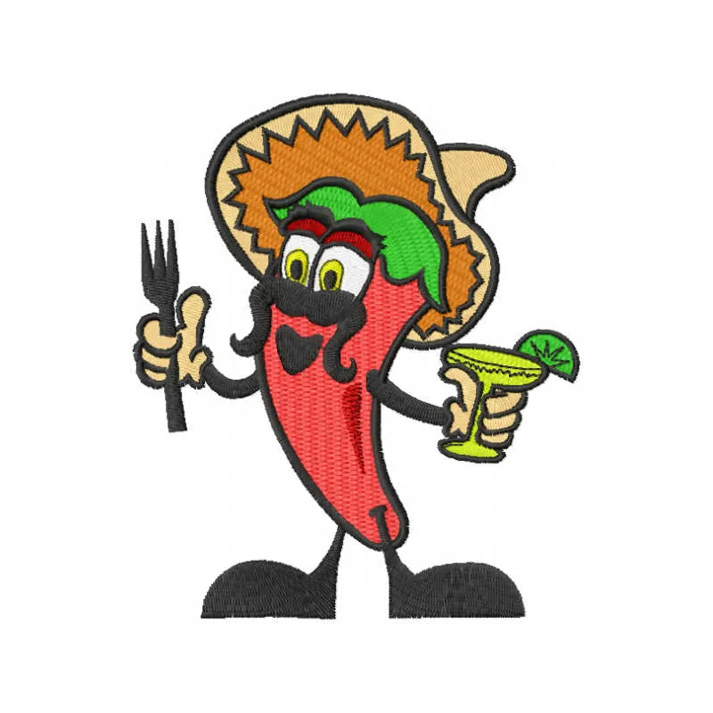 Embroidery design featuring a humorous Mexican chili motif, perfect for kitchen and cooking projects.