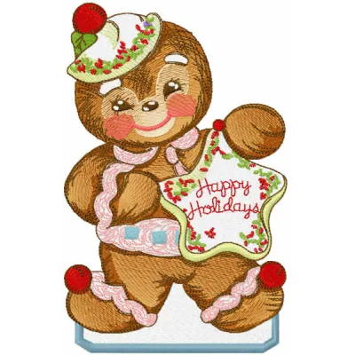 Happy Holidays gingerbread embroidery design featuring a cheerful gingerbread man, perfect for festive stitching projects.