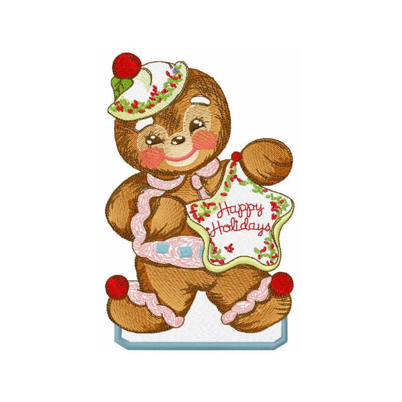 Happy Holidays gingerbread embroidery design featuring a cheerful gingerbread man, perfect for festive stitching projects.