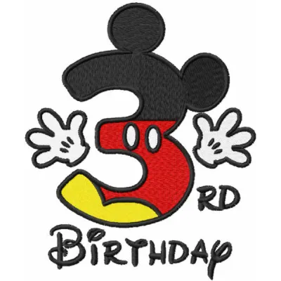 Third birthday Mickey embroidery design featuring playful numbers, ideal for celebrating a child's special day.