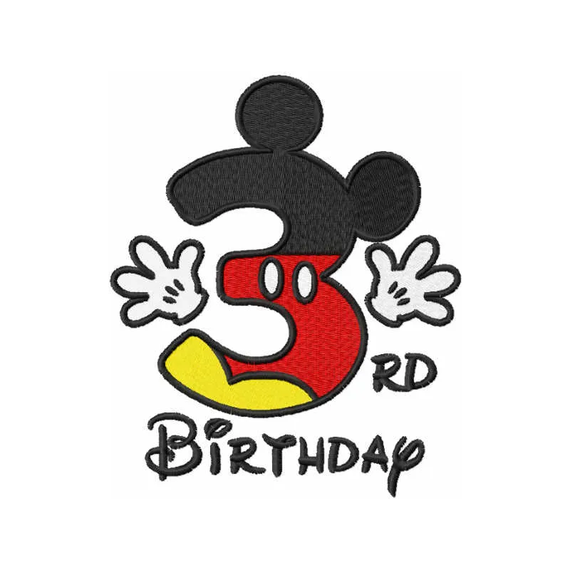 Third birthday Mickey embroidery design featuring playful numbers, ideal for celebrating a child's special day.