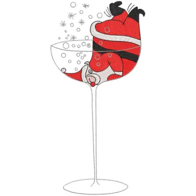 Embroidery design featuring Santa Claus nestled in a glass of champagne with festive details.