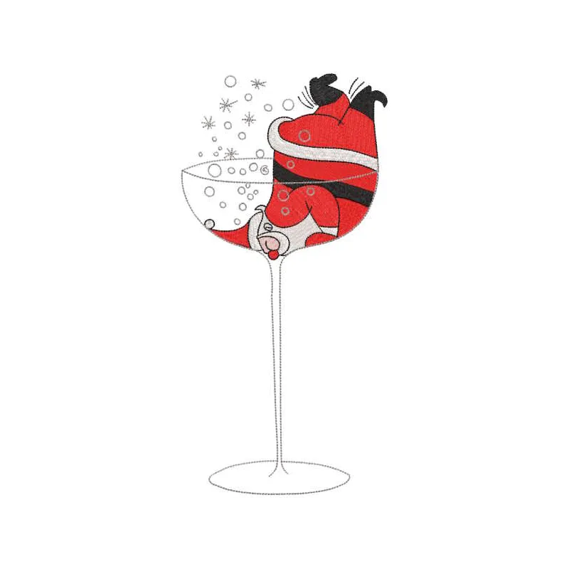 Embroidery design featuring Santa Claus nestled in a glass of champagne with festive details.