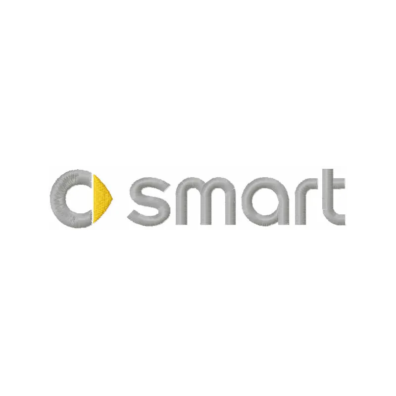 Smart car logo embroidery design showcased on a fabric background, ideal for automotive enthusiasts.