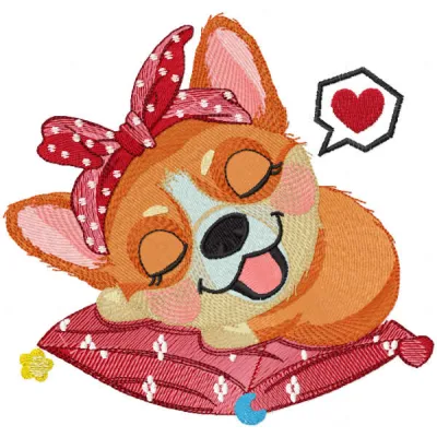 Sleeping dreaming corgi embroidery design showcasing a cute corgi in slumber, perfect for dog lovers.