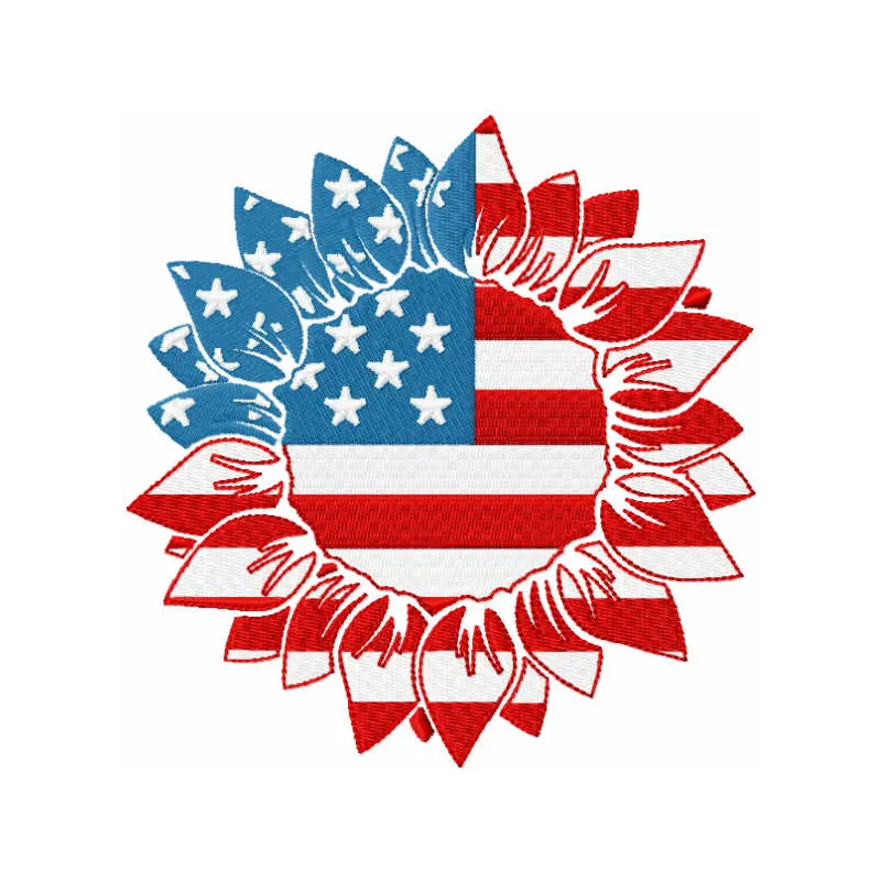 American sunflower embroidery design featuring vibrant petals and leaves, ideal for embellishing various fabrics.