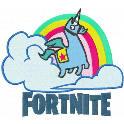 Fontnite unicorn and rainbow embroidery design showcasing vibrant colors for playful stitching on various fabrics.