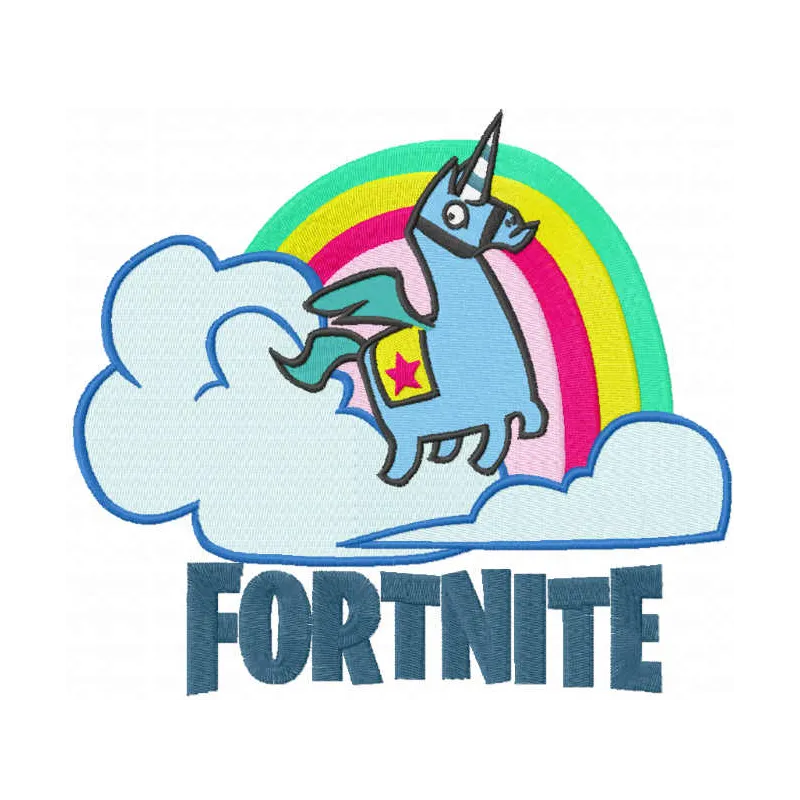 Fontnite unicorn and rainbow embroidery design showcasing vibrant colors for playful stitching on various fabrics.