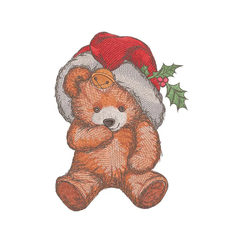 Christmas teddy toy embroidery design preview showcasing a charming stitched motif for festive projects.