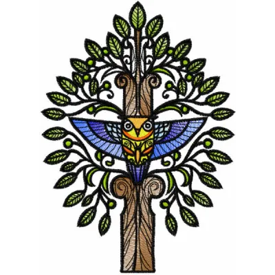 Preview of the Mystical Owl Tree embroidery design featuring an enchanting owl perched among branches.