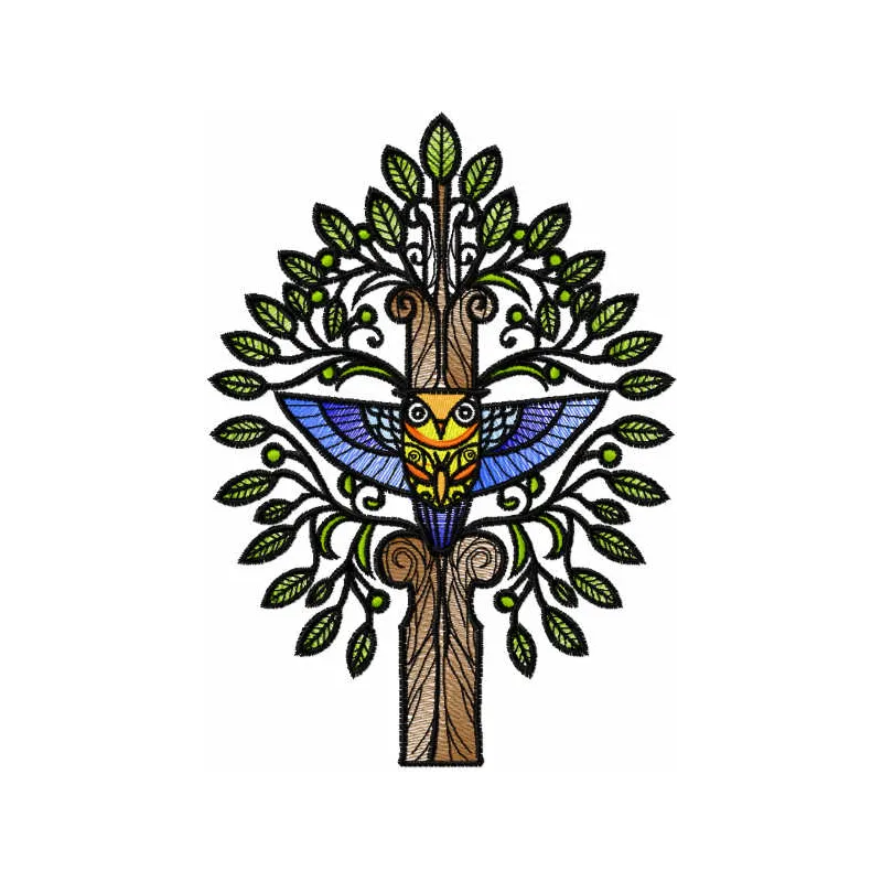 Preview of the Mystical Owl Tree embroidery design featuring an enchanting owl perched among branches.