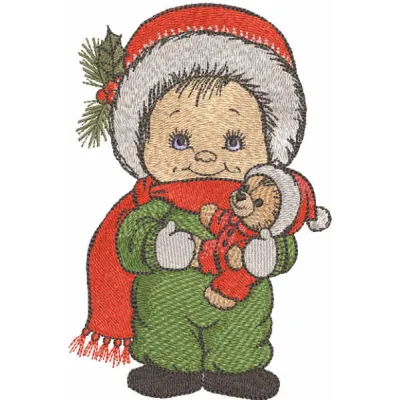 Embroidery design of a Christmas boy holding a teddy bear, ideal for festive projects like holiday pillows and blankets.