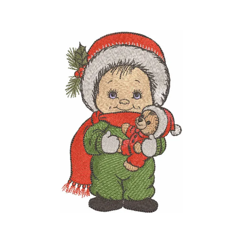 Embroidery design of a Christmas boy holding a teddy bear, ideal for festive projects like holiday pillows and blankets.