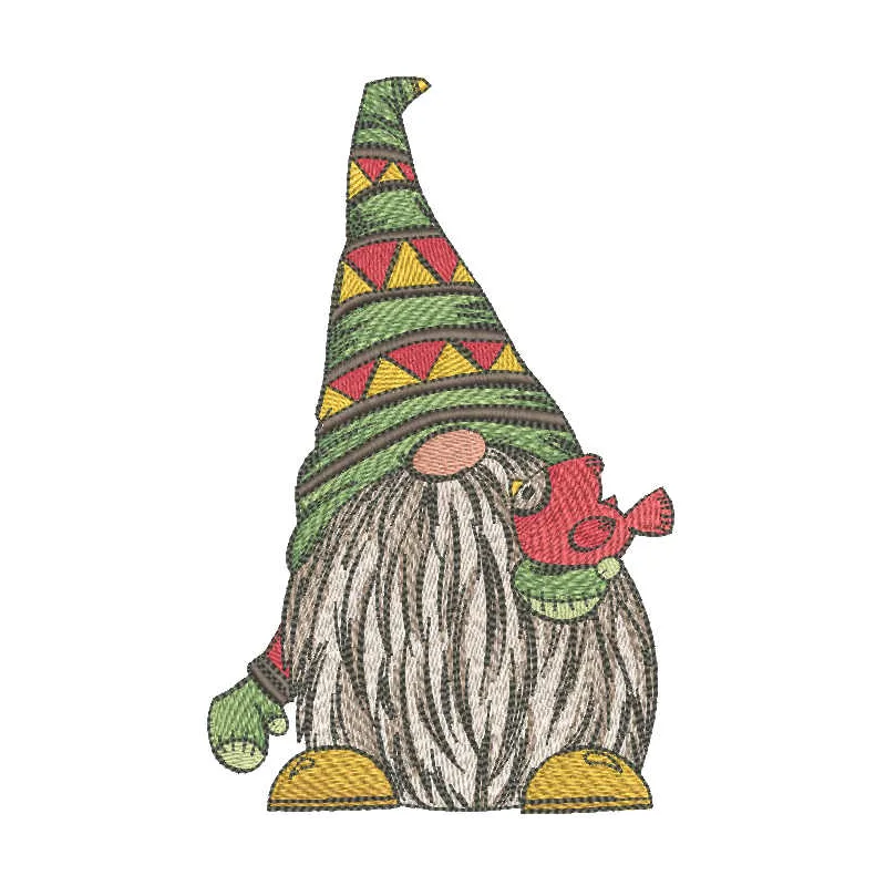 Dwarf with bird embroidery design from the Fantastic World collection, showcasing a whimsical stitched motif.