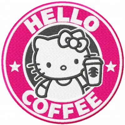 Hello Kitty coffee embroidery design showcasing a cute character holding a coffee cup, perfect for stitching on various item…