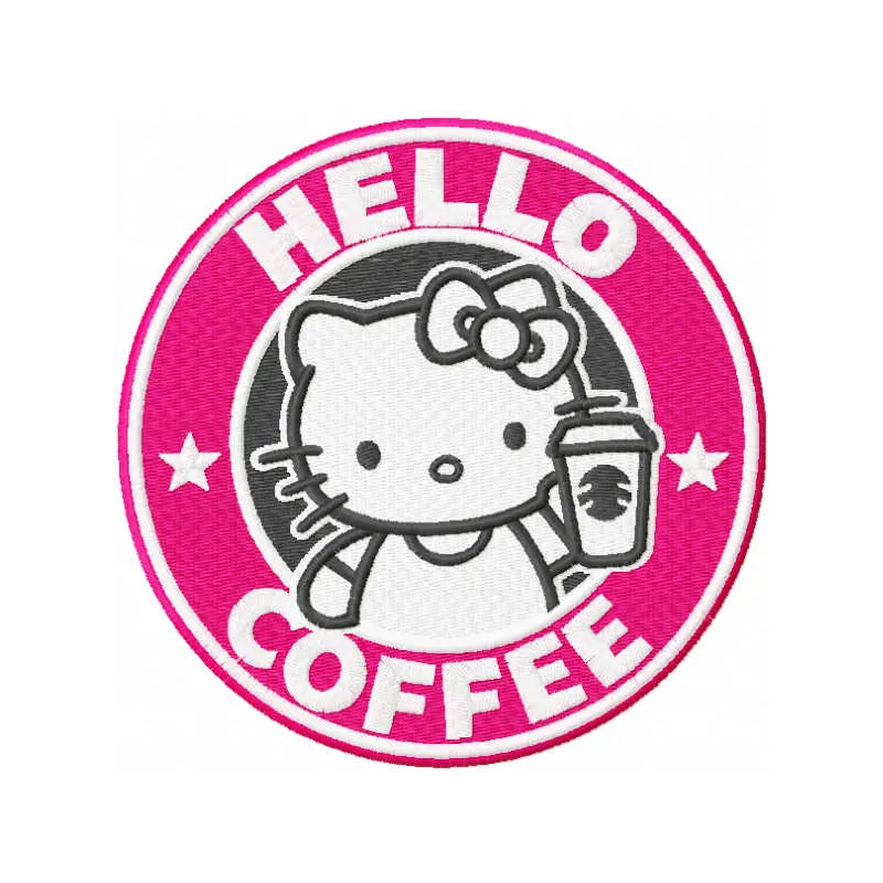 Hello Kitty coffee embroidery design showcasing a cute character holding a coffee cup, perfect for stitching on various item…