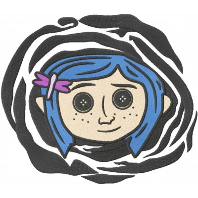 Coraline embroidery design showcasing a whimsical cartoon character, ideal for stitching on t-shirts and hoodies.