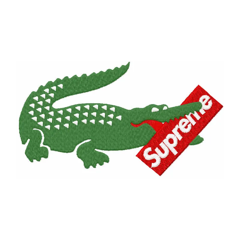 Lacoste supreme logo embroidery design preview showcasing intricate stitching detail for apparel and accessories.