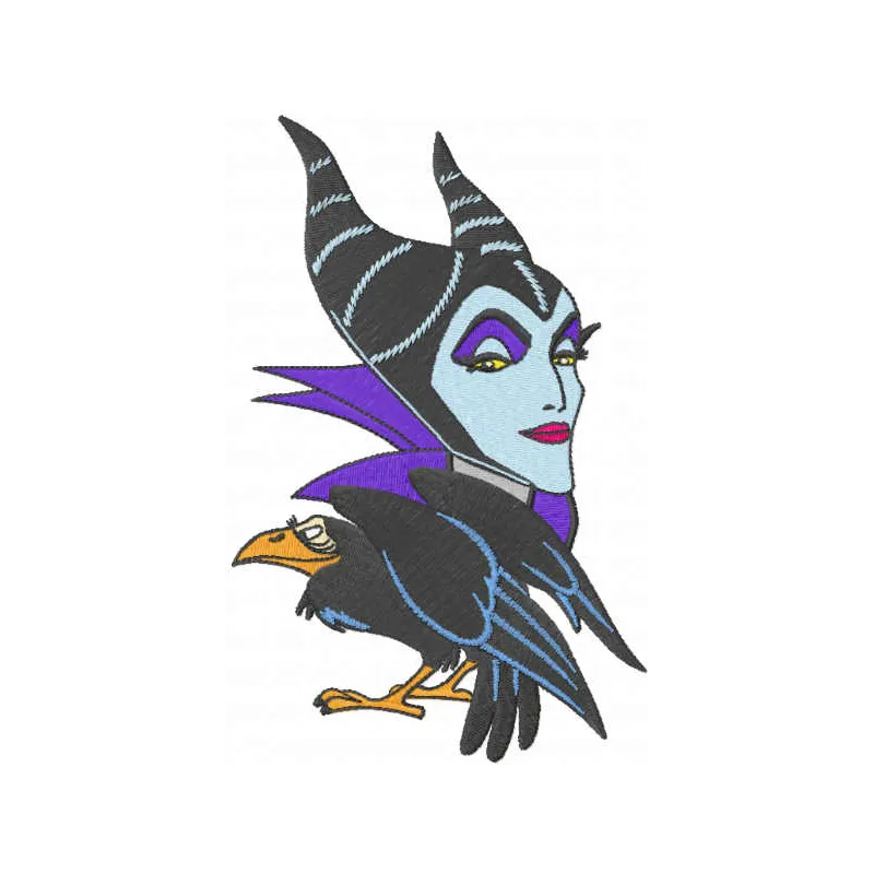 Evil Queen and crow embroidery design featuring a whimsical motif inspired by Sleeping Beauty.