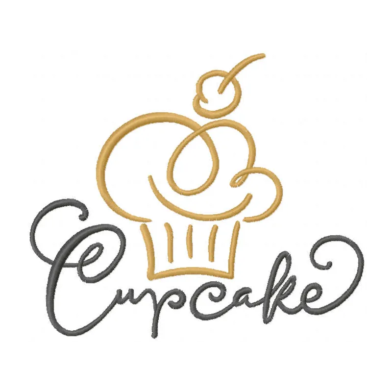 Cupcake decor embroidery design showcasing a delightful stitched motif for kitchen and cooking projects.