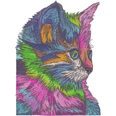 Rainbow kitten embroidery design featuring a colorful cat motif, ideal for stitching on t-shirts or tote bags.