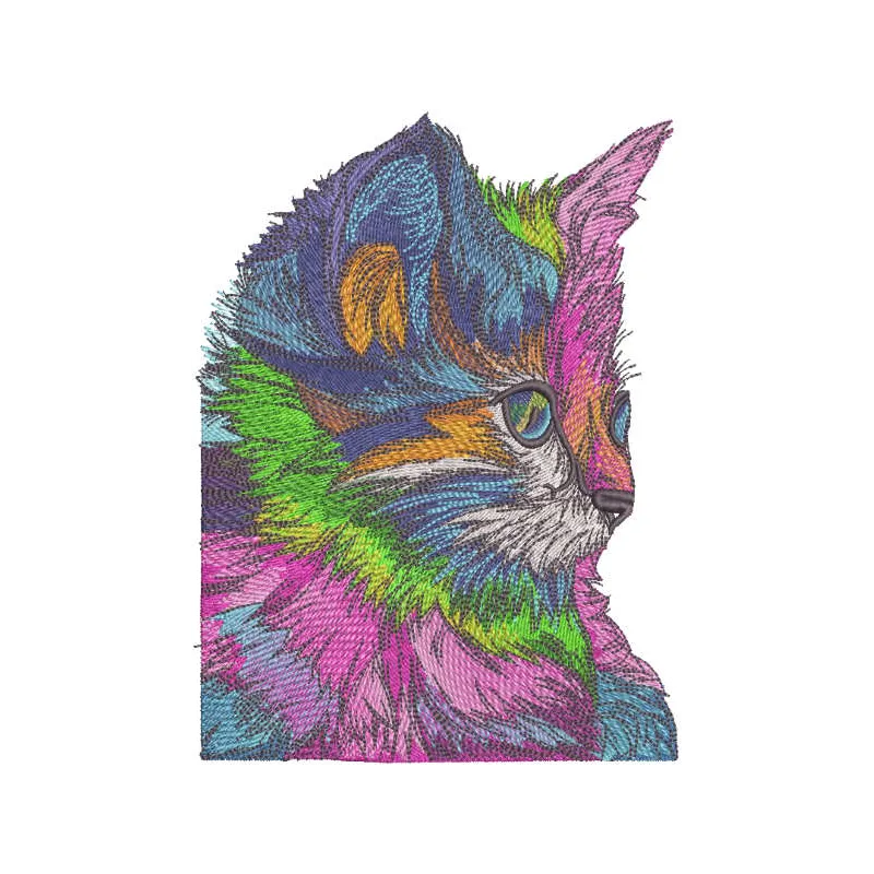 Rainbow kitten embroidery design featuring a colorful cat motif, ideal for stitching on t-shirts or tote bags.