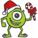 Embroidery design of Christmas-themed Mike Wazowski from Monsters Inc, ideal for holiday projects.