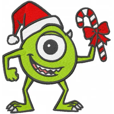 Embroidery design of Christmas-themed Mike Wazowski from Monsters Inc, ideal for holiday projects.