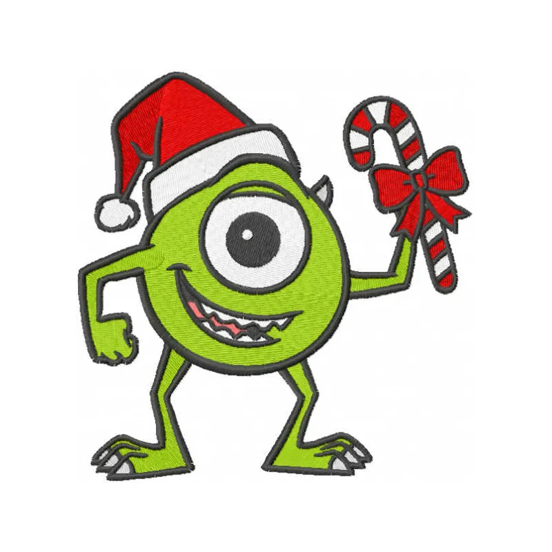 Embroidery design of Christmas-themed Mike Wazowski from Monsters Inc, ideal for holiday projects.