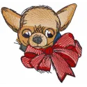 Chihuahua with bow embroidery design, showcasing a cute stitched motif ideal for pet lovers and crafters.