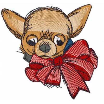 Chihuahua with bow embroidery design, showcasing a cute stitched motif ideal for pet lovers and crafters.