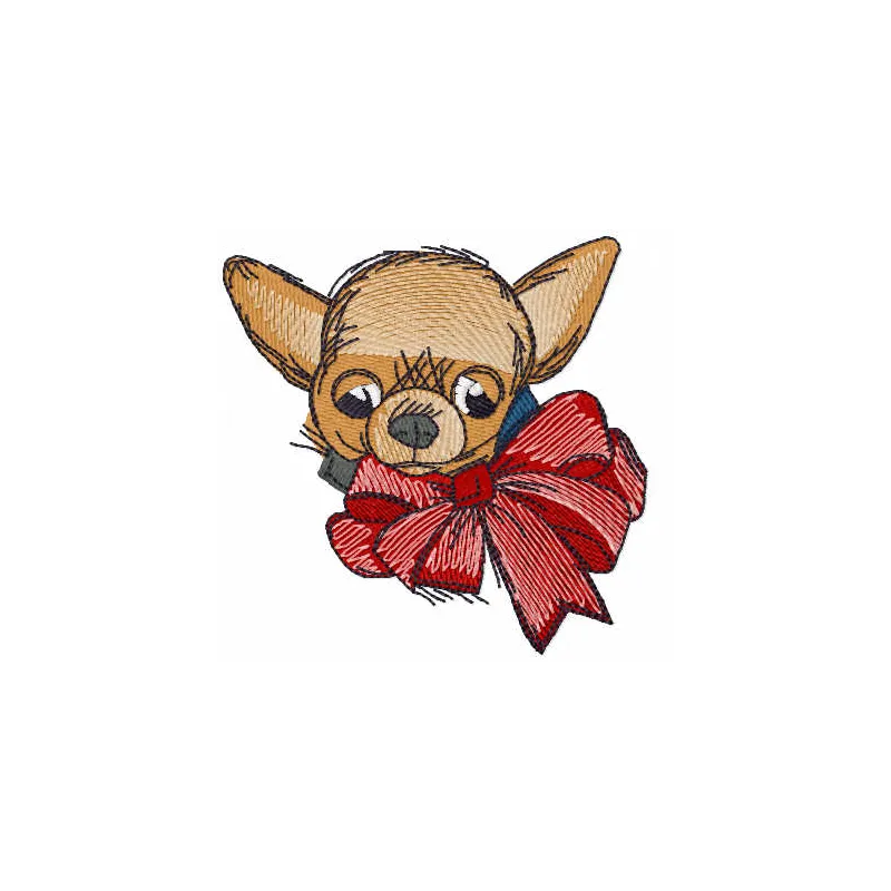 Chihuahua with bow embroidery design, showcasing a cute stitched motif ideal for pet lovers and crafters.
