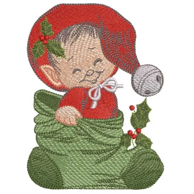 Christmas baby elf embroidery design featuring a cute elf in festive attire, ideal for holiday projects.