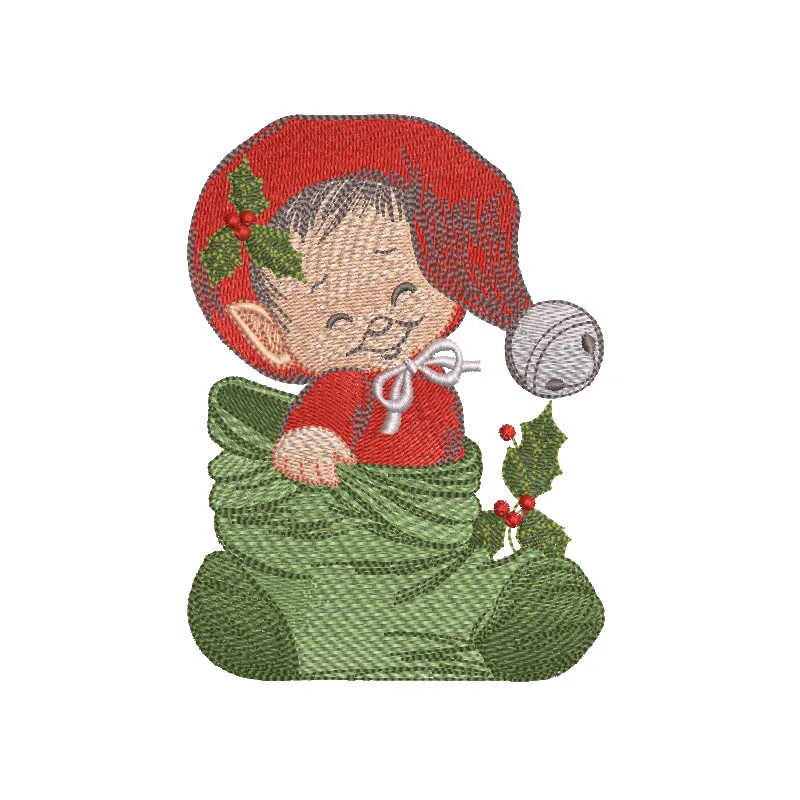 Christmas baby elf embroidery design featuring a cute elf in festive attire, ideal for holiday projects.