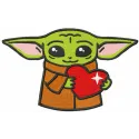Loving Baby Yoda with heart embroidery design, showcasing a delightful stitched motif perfect for baby onesies or pillows.