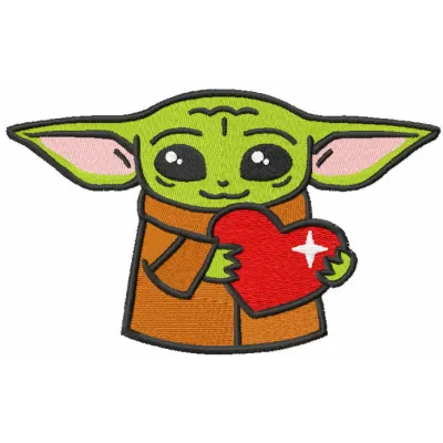 Loving Baby Yoda with heart embroidery design, showcasing a delightful stitched motif perfect for baby onesies or pillows.