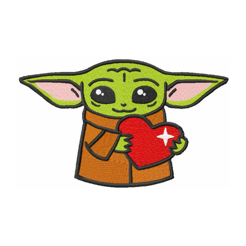 Loving Baby Yoda with heart embroidery design, showcasing a delightful stitched motif perfect for baby onesies or pillows.