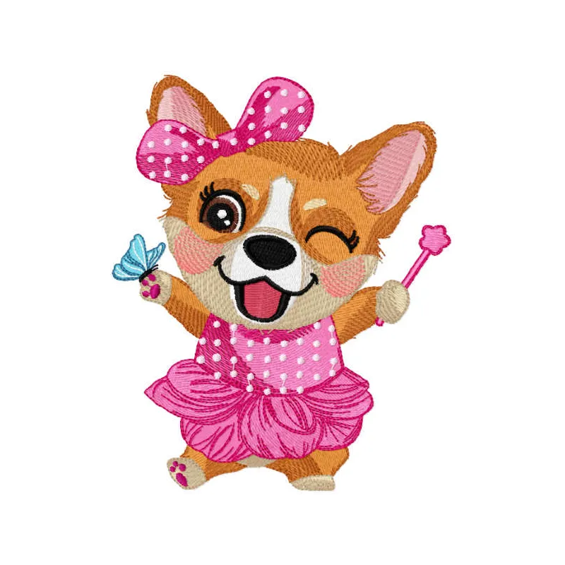 Corgi party embroidery design featuring playful corgis with party hats, perfect for creating fun stitched motifs.