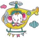 Embroidery design of a cute baby elephant flying in a helicopter, ideal for stitching on baby onesies or blankets.
