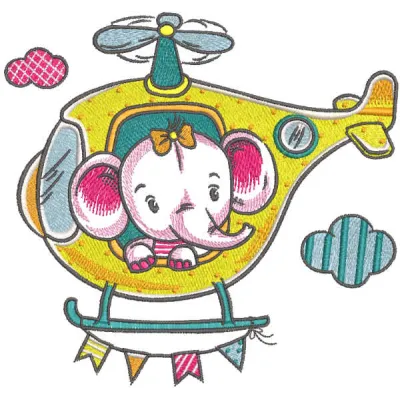 Embroidery design of a cute baby elephant flying in a helicopter, ideal for stitching on baby onesies or blankets.