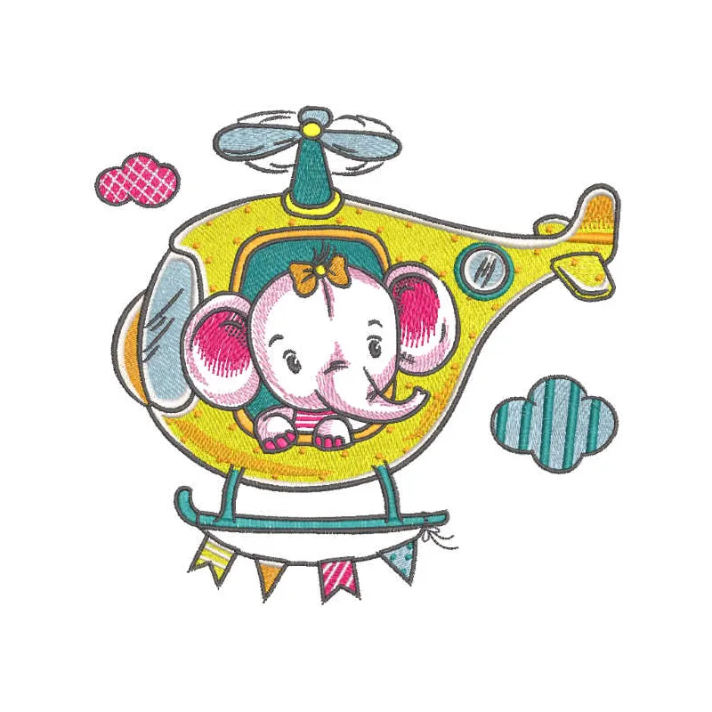 Embroidery design of a cute baby elephant flying in a helicopter, ideal for stitching on baby onesies or blankets.