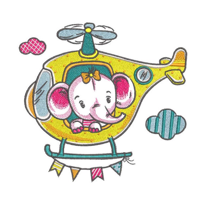 Baby elephant in helicopter embroidery design - Embroidery Design