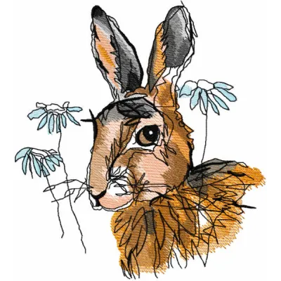 Preview of Autumn Bunny Sketch embroidery design featuring a whimsical bunny surrounded by fall leaves.