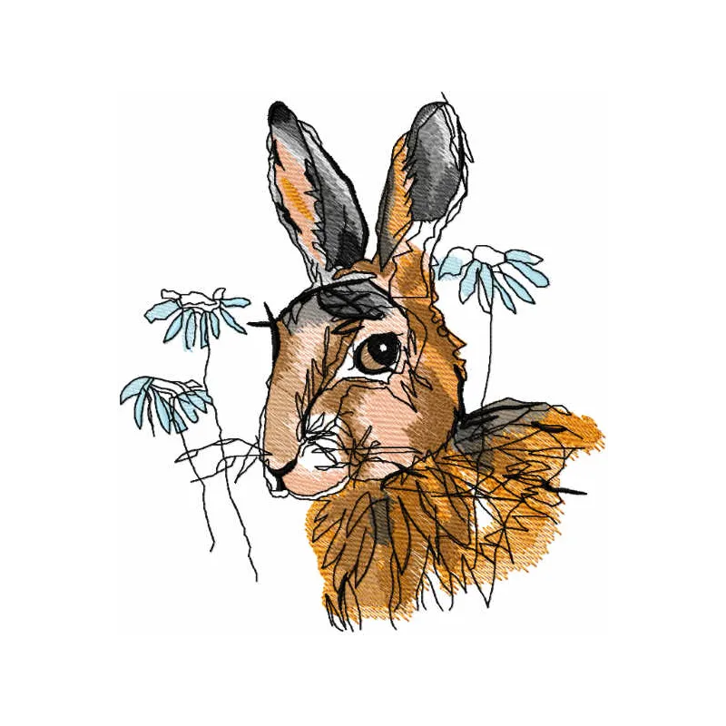 Preview of Autumn Bunny Sketch embroidery design featuring a whimsical bunny surrounded by fall leaves.